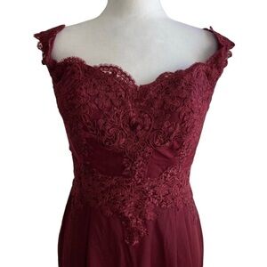 Long Burgundy Lace Off The Shoulder Prom Dress